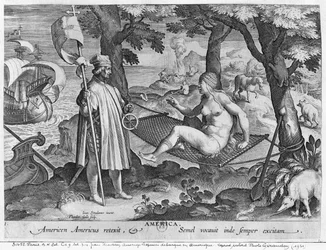 Amerigo Vespucci (1454-1512) landet in Amerika, graviert von Theodor Galle (1571-1633)